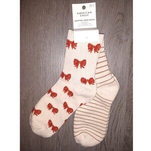 American Eagle Cropped Crew Socks 2 Pair Bows Striped Beige Viral Fall Socks
